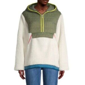 UGG Iggy Sherpa Half Zip Sz XS Hooded Olive Green Cream Pullover RTW Women MN2-5